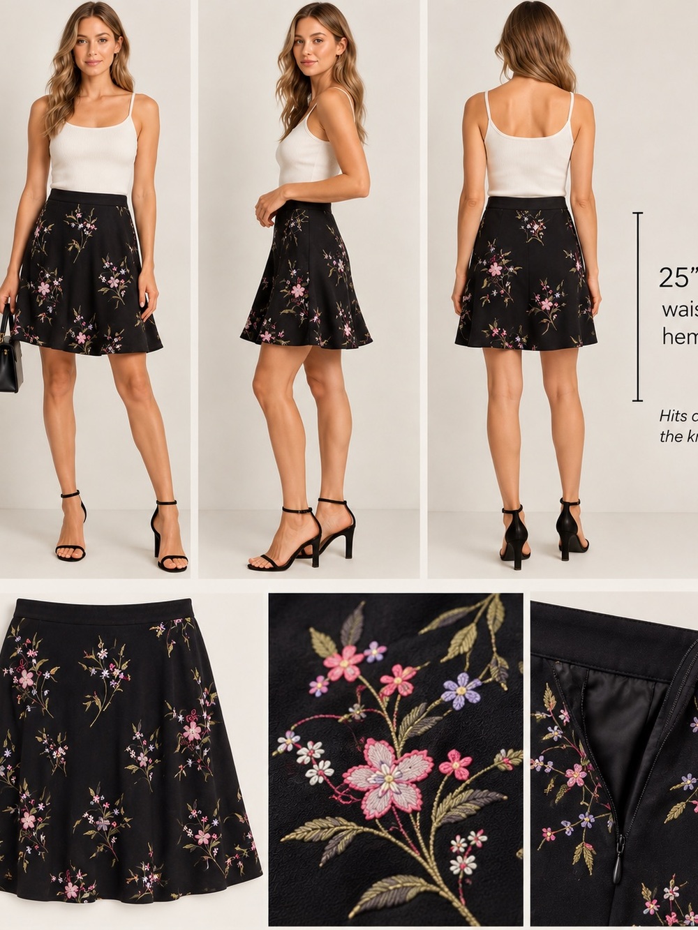 Covington Size 8 Black Embroidered Floral A-Line Cotton Skirt Lined Feminine